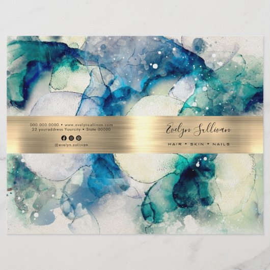 Blaue aquamarine Wasserfarben-Service-Menü-Broschü (Vorderseite)