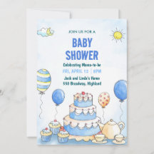 Blaue Aquarell-Baby-Shower-Einladung