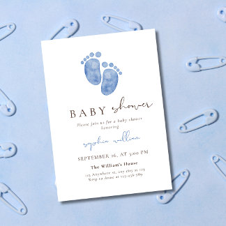 Blaue Aquarell-Babyspuren-Baby-Party Einladung