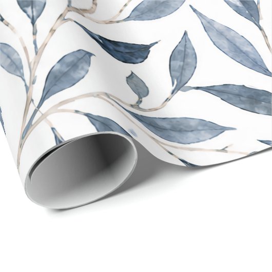 Blaue Aquarell-Blätter Botanisches Geschenkpapier (Rolleneckpunkt)