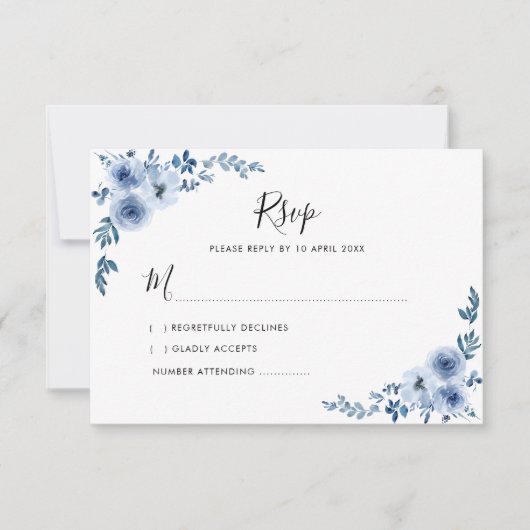 Blaue Aquarell-Blume Hochzeit-RSVP-Karte Dankeskarte (Vorderseite)
