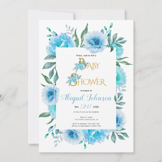 Blaue Aquarell-Blume Kinderdusche für Jungen Einladung (Vorderseite)