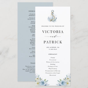 Blaue Aquarell-Blumen-Anker-Nautische Hochzeit Programm