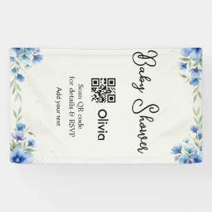 Blaue Aquarell-Blumen-Baby-Party-Scan-QR-RSVP-pa Banner
