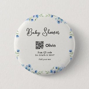 Blaue Aquarell-Blumen-Baby-Party-Scan-QR-RSVP-Pa Button