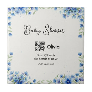 Blaue Aquarell-Blumen-Baby-Party-Scan-QR-RSVP-pa Fliese