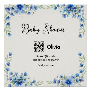 Blaue Aquarell-Blumen-Baby-Party-Scan-QR-RSVP-pa Poster