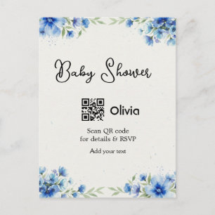 Blaue Aquarell-Blumen-Baby-Party-Scan-QR-RSVP-Pa Postkarte