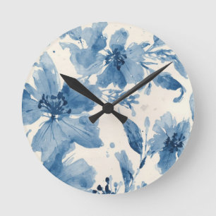 Blaue Aquarell-Blumen Botanisch Whimsical Runde Wanduhr
