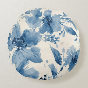 Blaue Aquarell-Blumen Botanisch Whimsical Rundes Kissen
