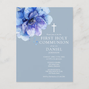Blaue Aquarell-Blumen-Einladung zur ersten heilige Postkarte
