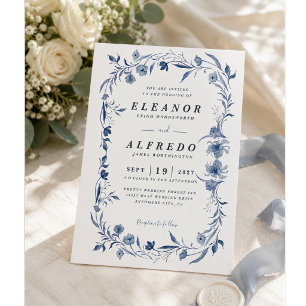 Blaue Aquarell-Blumen   Elegante botanische Hochze Einladung