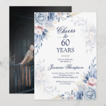 Blaue Aquarell-Blumen Elegante Foto 60. Geburtstag