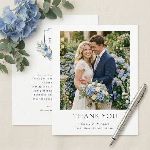 Blaue Aquarell-Blumen Elegante Hochzeit Dankeskarte