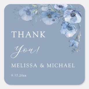 Blaue Aquarell-Blumen Hochzeit Dankeschön Quadrat Quadratischer Aufkleber