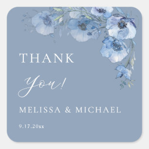 Blaue Aquarell-Blumen Hochzeit Dankeschön Quadrat Quadratischer Aufkleber