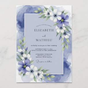 Blaue Aquarell-Blumen-Hochzeit Einladung