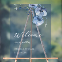 Blaue Aquarell-Blumen Hochzeit Willkommen