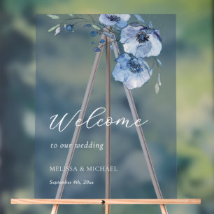Blaue Aquarell-Blumen Hochzeit Willkommen Acrylschild