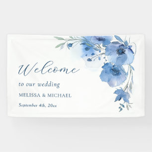 Blaue Aquarell-Blumen Hochzeit Willkommen Banner