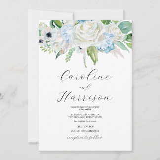 Blaue Aquarell-Blumen-Hochzeitseinladung Elegant Einladung