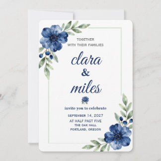 Blaue Aquarell-Blumen-Hochzeitseinladungsvorlage Einladung