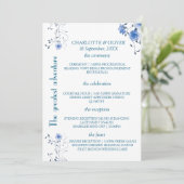 Blaue Aquarell-Blumen-Hochzeitsprogramm-Karte Desi Programm (Stehend Vorderseite)