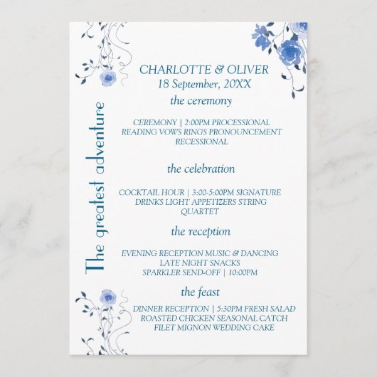 Blaue Aquarell-Blumen-Hochzeitsprogramm-Karte Desi Programm (Vorderseite)