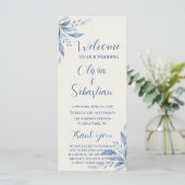Blaue Aquarell-Blumen-Hochzeitsprogrammkarte (Stehend Vorderseite)