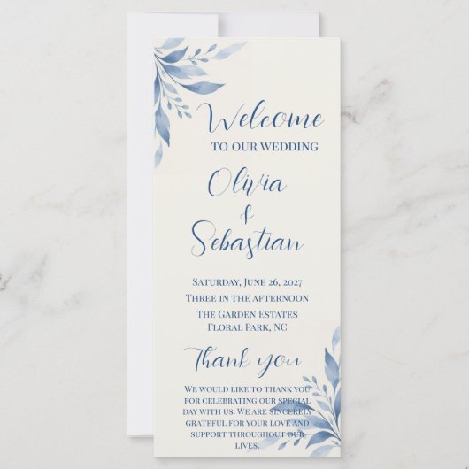 Blaue Aquarell-Blumen-Hochzeitsprogrammkarte (Vorderseite)