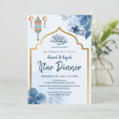 Blaue Aquarell-Blumen-Iftar-Dinner Ramadan Einladung (Stehend Vorderseite)
