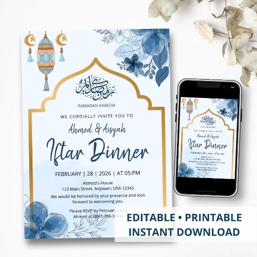 Blaue Aquarell-Blumen-Iftar-Dinner Ramadan Einladung