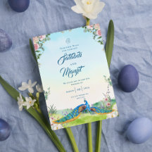 Blaue Aquarell-Blumen-Indische Pfauen-Hochzeit