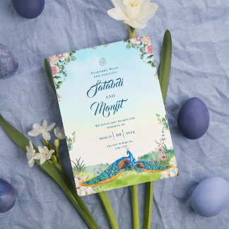 Blaue Aquarell-Blumen-Indische Pfauen-Hochzeit Einladung