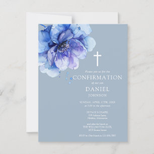 Blaue Aquarell-Blumen-Konfirmations-Einladung Postkarte