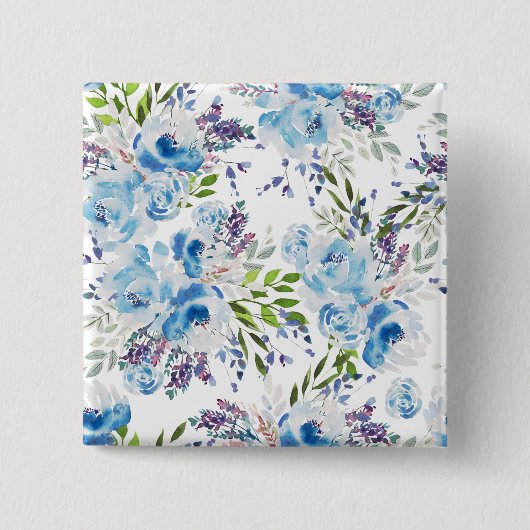 Blaue Aquarell-Blumen nahtloses Muster Button (Vorderseite)