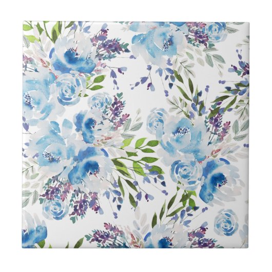 Blaue Aquarell-Blumen nahtloses Muster Fliese (Vorderseite)
