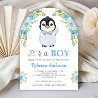 Blaue Aquarell-Blumen-Pinguin-Baby-Party