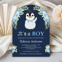 Blaue Aquarell-Blumen-Pinguin-Navy-Baby-Party