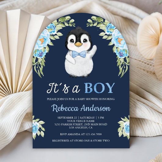Blaue Aquarell-Blumen-Pinguin Navy Baby Shower Einladung