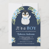 Blaue Aquarell-Blumen-Pinguin Navy Baby Shower Einladung (Vorderseite)