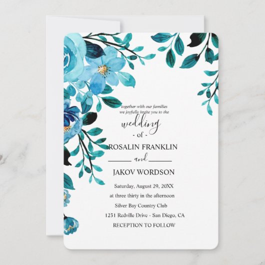 blaue Aquarell-Blumen-Rustical-Hochzeit Einladung (Vorderseite)