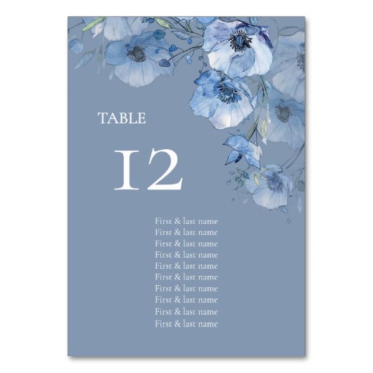 Blaue Aquarell-Blumen Sitzordnung Tischnummer (Vorderseite)