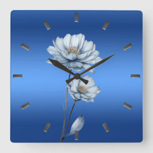 Blaue Aquarell-Blumen-Wanduhr Quadratische Wanduhr