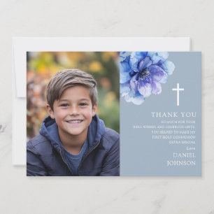 Blaue Aquarell-Blumenfoto Erste heilige Kommunion Dankeskarte