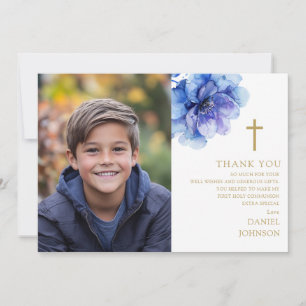 Blaue Aquarell-Blumenfoto Erste heilige Kommunion Dankeskarte