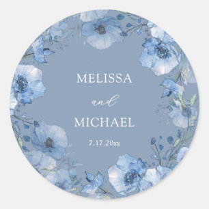Blaue Aquarell-Blumenkranz-Hochzeit Runder Aufkleber