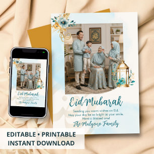 Blaue Aquarell-Blumenlaterne Familienfoto Eid Feiertagskarte