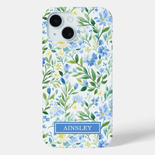 Blaue Aquarell-Blumenmonogramm Case-Mate iPhone Hülle (Rückseite)