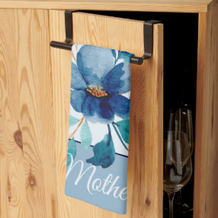 Blaue Aquarell-Blumenmotive anpassbar Geschirrtuch